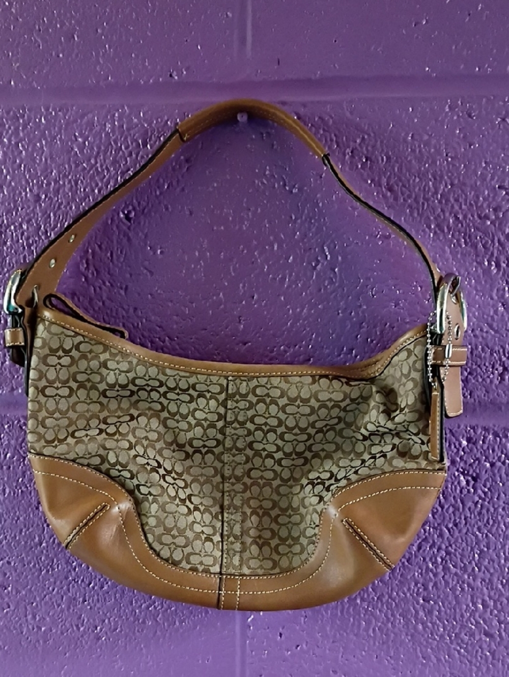 Coach Brown Signature Canvas Shoulder Bag with Tan Leather Trim